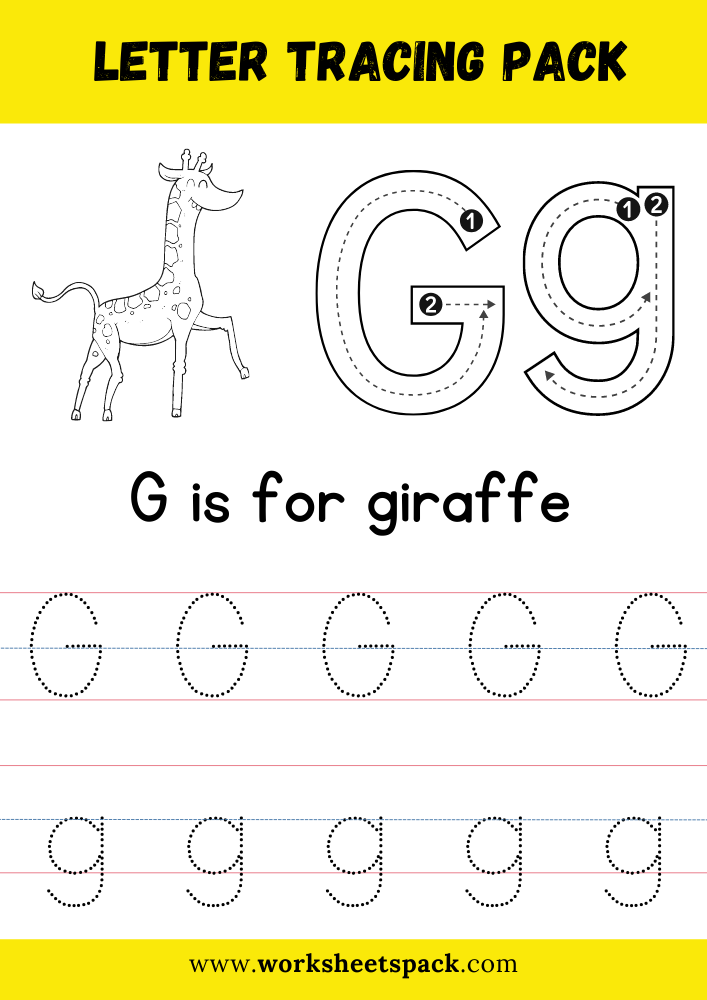 G is for Giraffe Coloring, Free Letter G Tracing Worksheet PDF