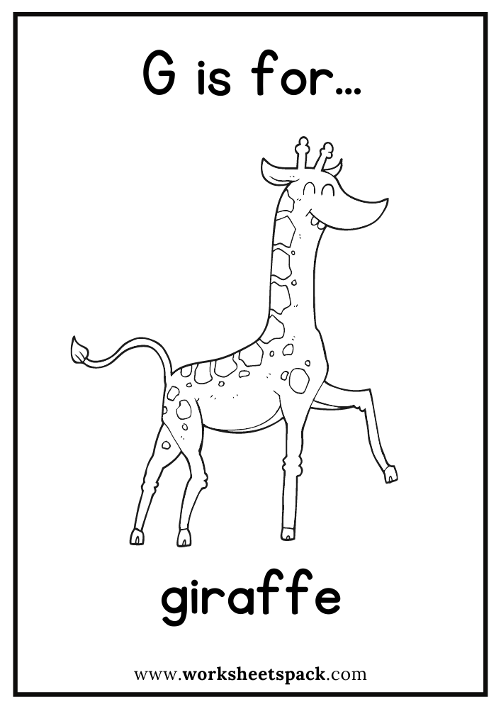 G is for Giraffe Coloring Page, Free Giraffe Flashcard for Kindergarten