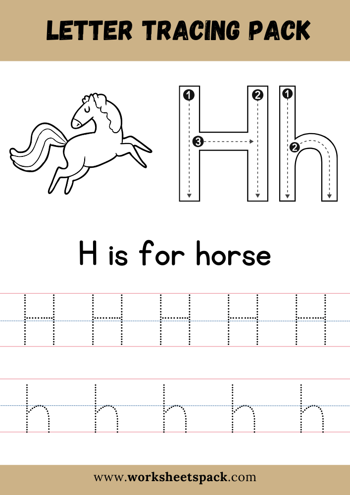H is for Horse Coloring, Free Letter H Tracing Worksheet PDF