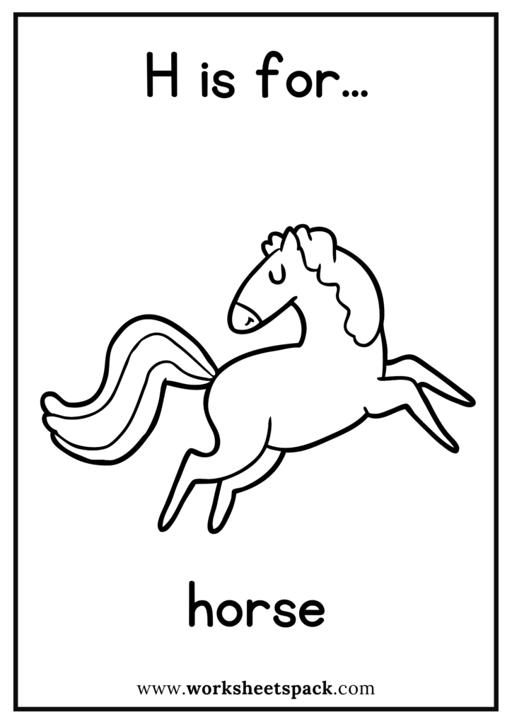 H is for Horse Coloring Page, Free Horse Flashcard for Kindergarten