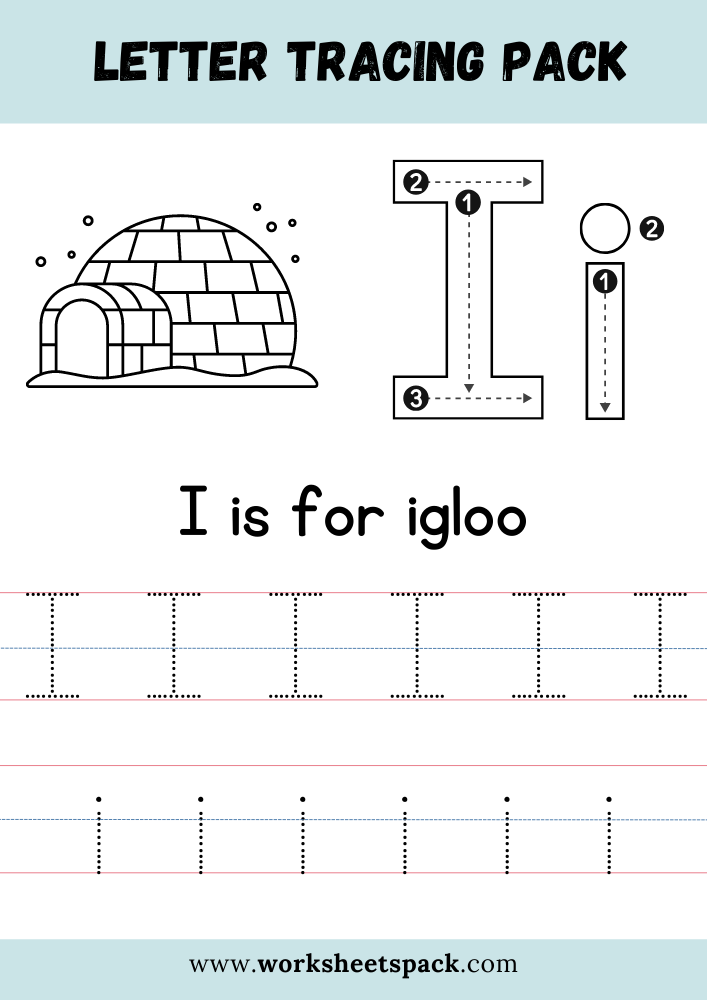 I is for Igloo Coloring, Free Letter I Tracing Worksheet PDF