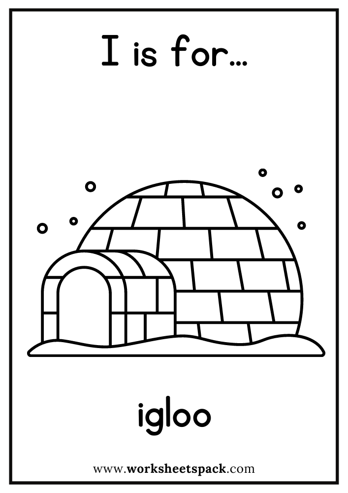 I is for Igloo Coloring Page, Free Igloo Flashcard for Kindergarten