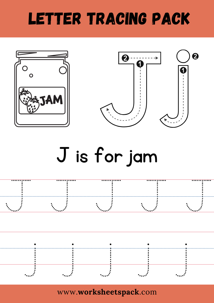 J is for Jam Coloring, Free Letter J Tracing Worksheet PDF