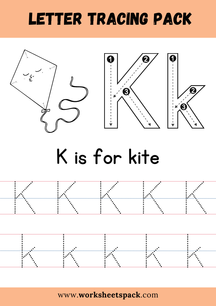 K is for Kite Coloring, Free Letter K Tracing Worksheet PDF