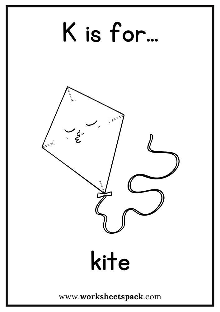 K is for Kite Coloring Page, Free Kite Flashcard for Kindergarten