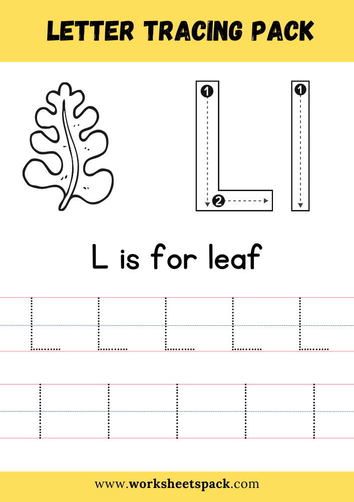 L is for Leaf Coloring, Free Letter L Tracing Worksheet PDF