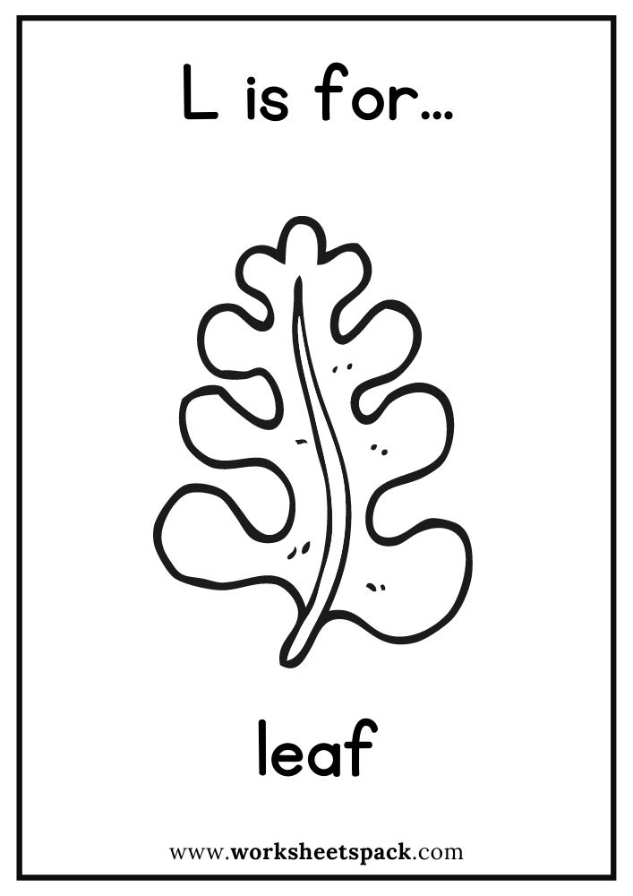 L is for Leaf Coloring Page, Free Leaf Flashcard for Kindergarten
