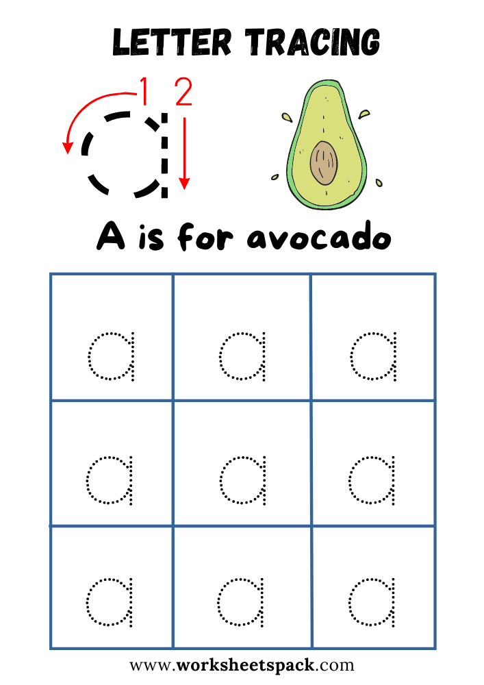 Lowercase Letter A Tracing Worksheet Printable, A is for Avocado