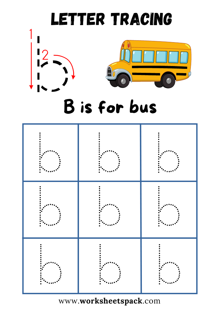 Lowercase Letter B Tracing Worksheet Printable, B is for Bus