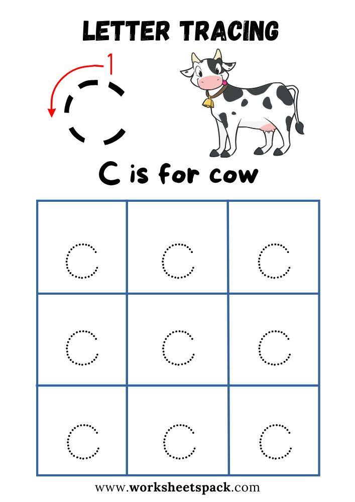 Lowercase Letter C Tracing Worksheet Printable, C is for Cow