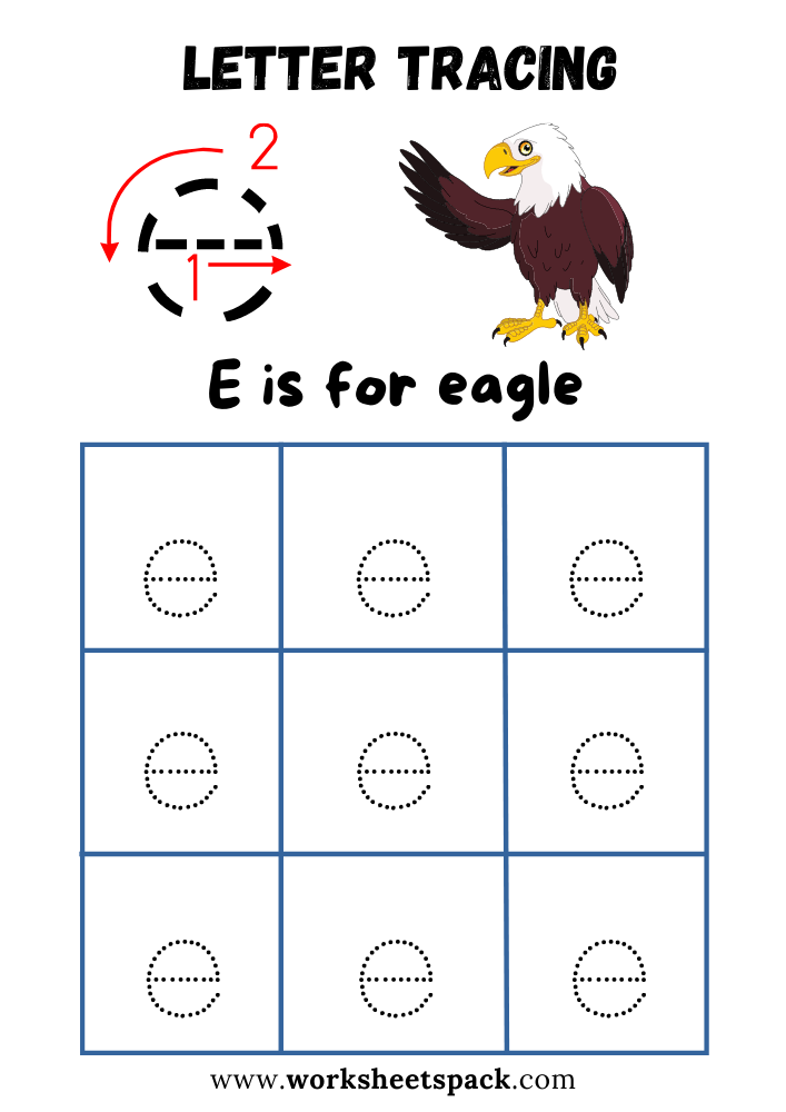 Lowercase Letter E Tracing Worksheet Printable, E is for Eagle