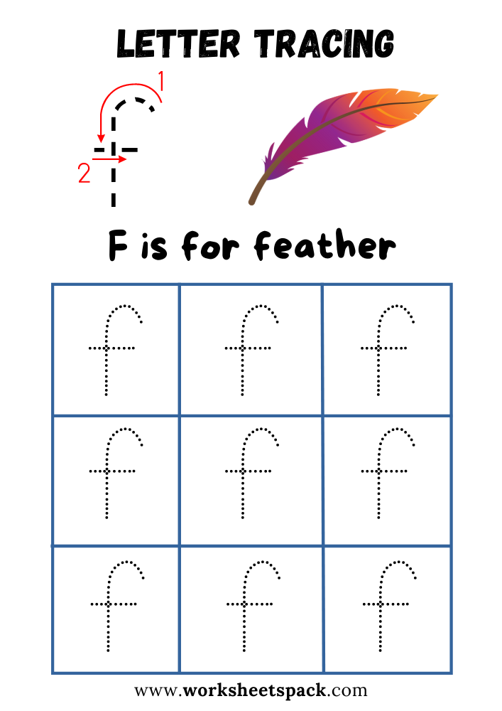 Lowercase Letter F Tracing Worksheet Printable, F is for Feather