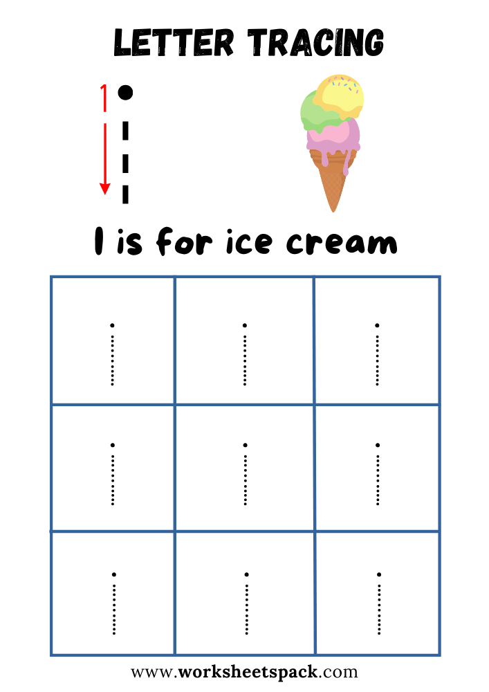 Lowercase Letter I Tracing Worksheet Printable, I is for Ice Cream