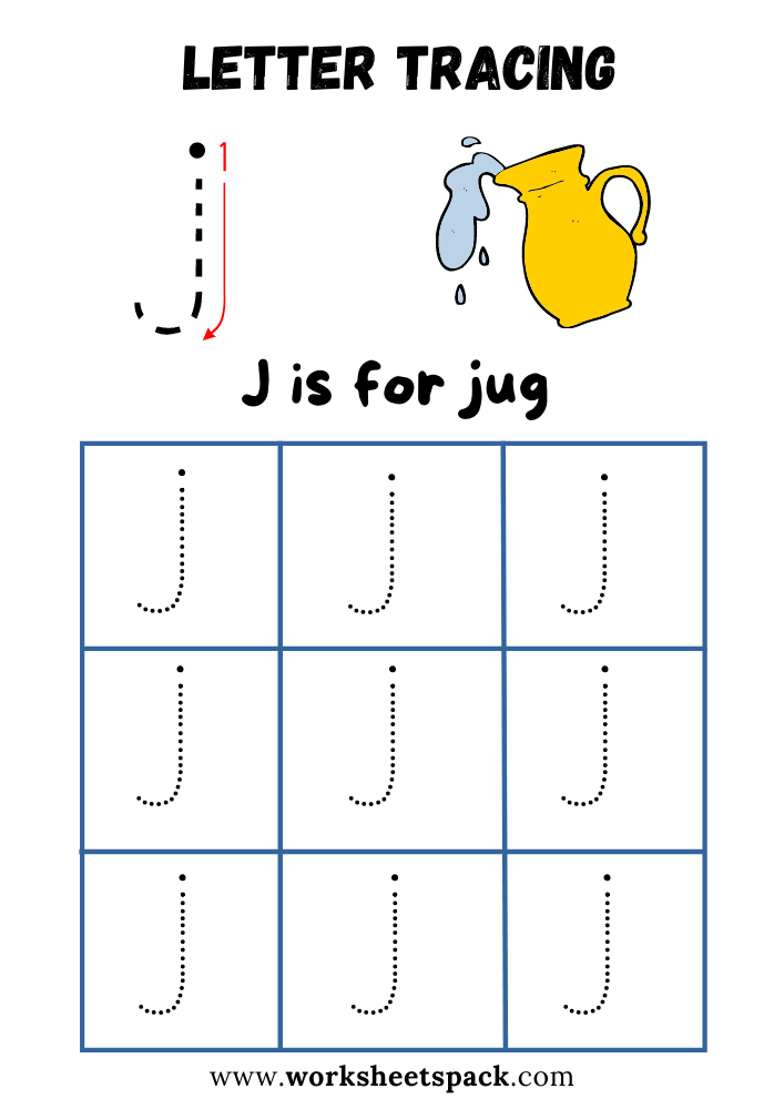 Lowercase Letter J Tracing Worksheet Printable, J is for Jug