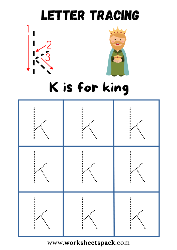 Lowercase Letter K Tracing Worksheet Printable, K is for King