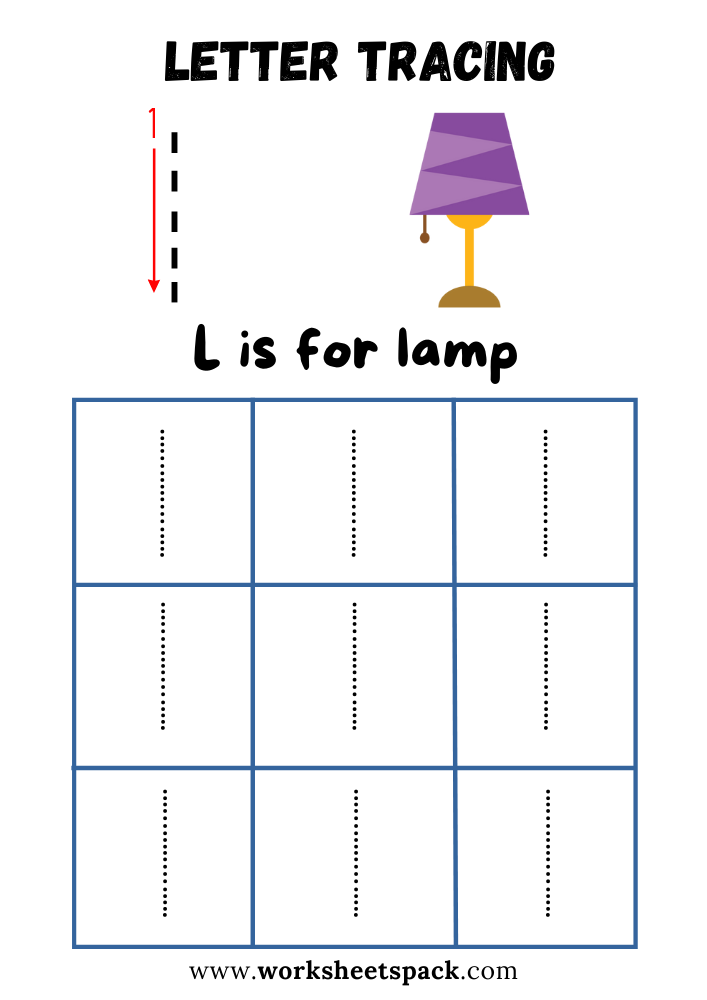 Lowercase Letter L Tracing Worksheet Printable, L is for Lamp