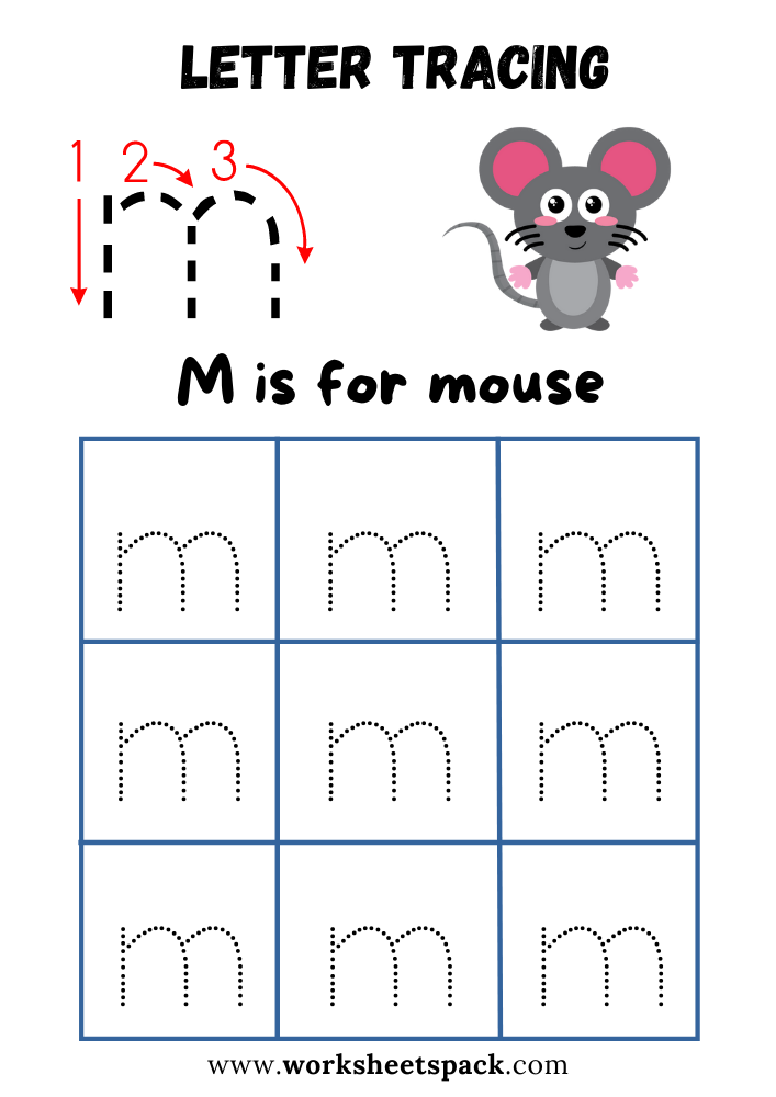 Lowercase Letter M Tracing Worksheet Printable, M is for Mouse