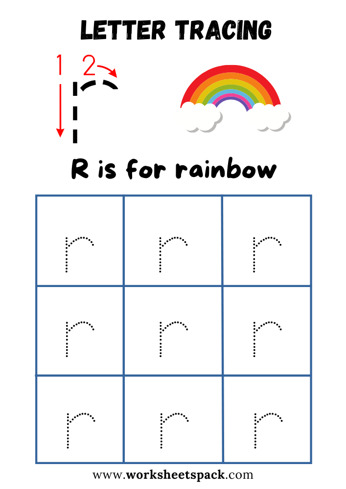 Lowercase Letter R Tracing Worksheet Printable, R is for Rainbow