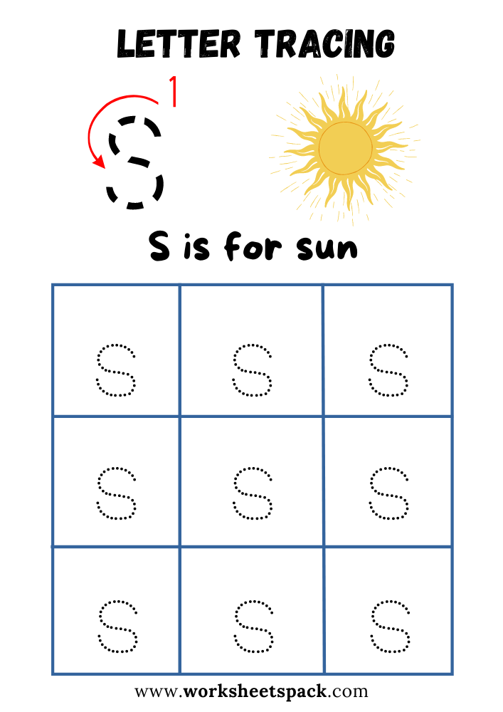 Lowercase Letter S Tracing Worksheet Printable, S is for Sun