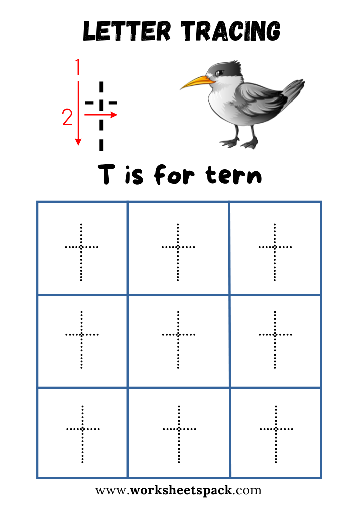 Lowercase Letter T Tracing Worksheet Printable, T is for Tern