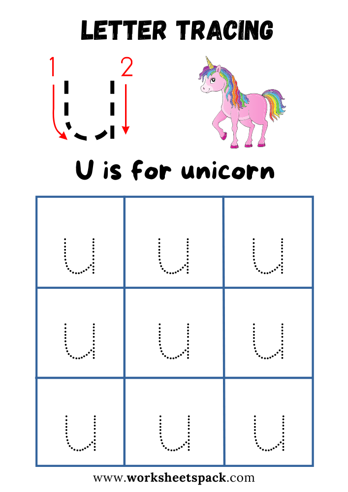 Lowercase Letter U Tracing Worksheet Printable, U is for Unicorn