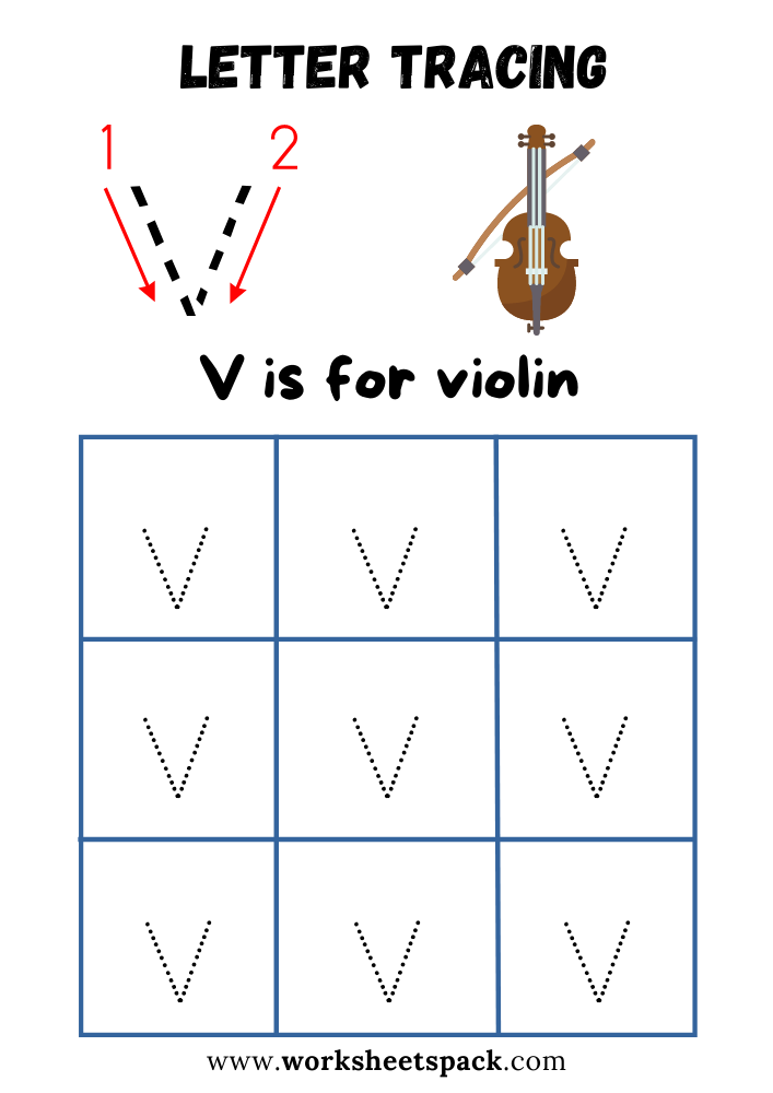 Lowercase Letter V Tracing Worksheet Printable, V is for Violin