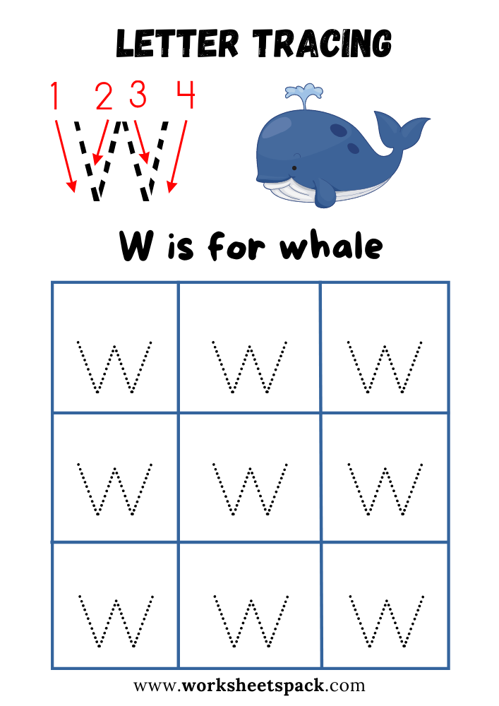 Lowercase Letter W Tracing Worksheet Printable, W is for Whale