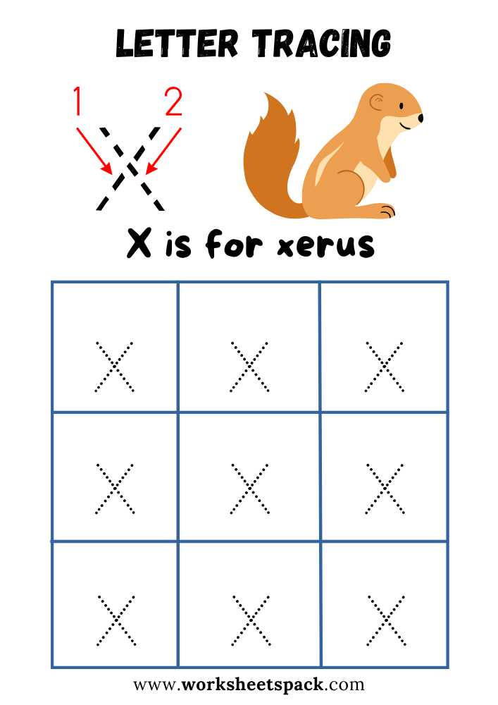 Lowercase Letter X Tracing Worksheet Printable, X is for Xerus