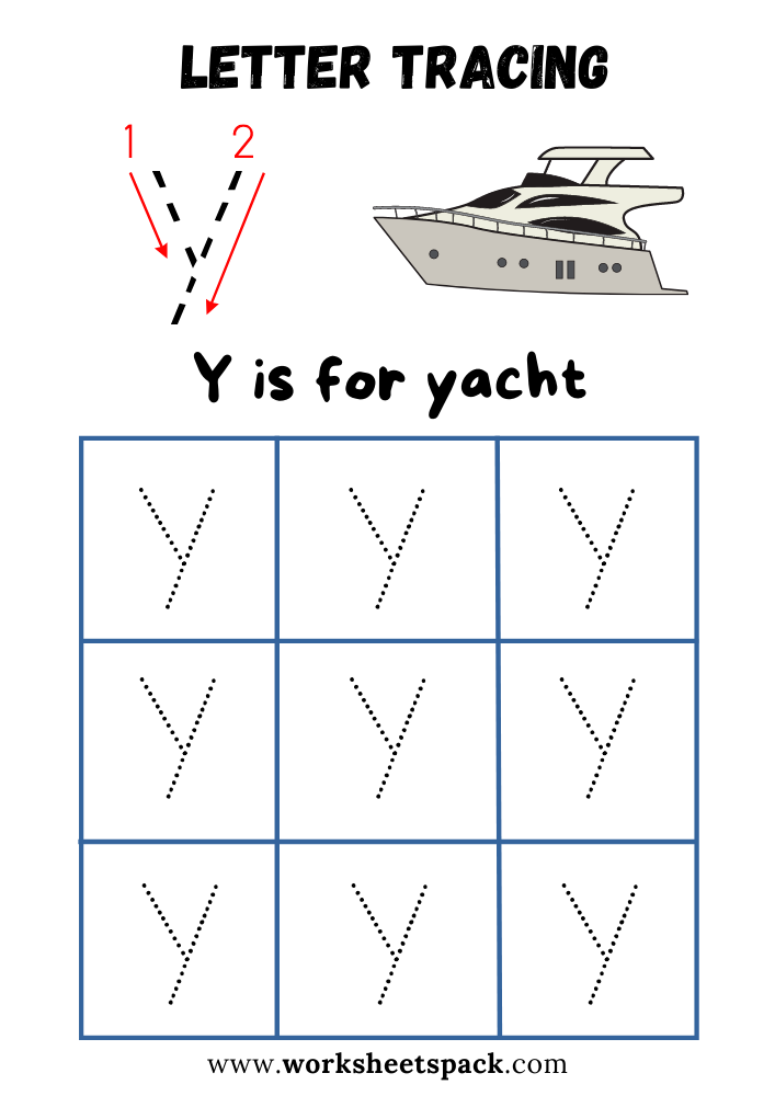 Lowercase Letter Y Tracing Worksheet Printable, Y is for Yacht
