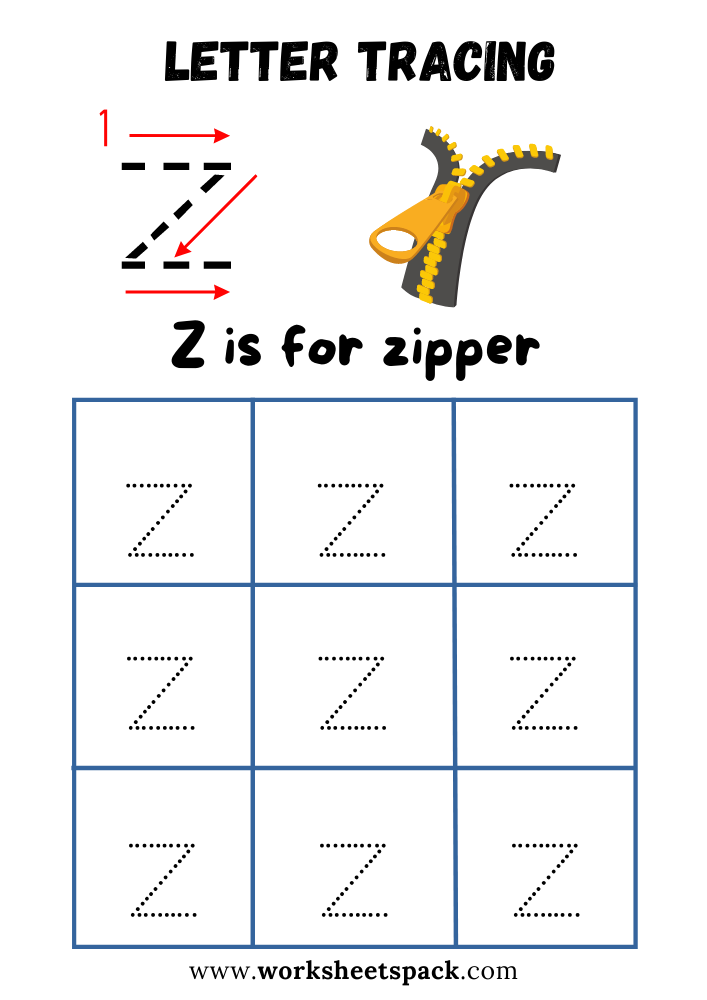 Lowercase Letter Z Tracing Worksheet Printable, Z is for Zipper