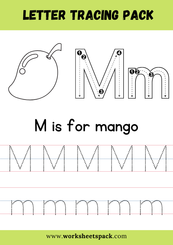 M is for Mango Coloring, Free Letter M Tracing Worksheet PDF