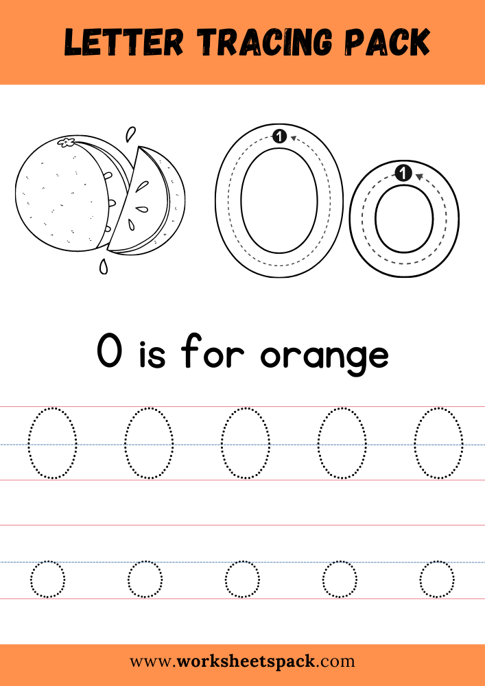 O is for Orange Coloring, Free Letter O Tracing Worksheet PDF.