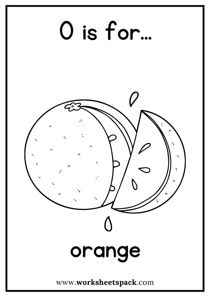 O is for Orange Coloring Page, Free Orange Flashcard for Kindergarten.