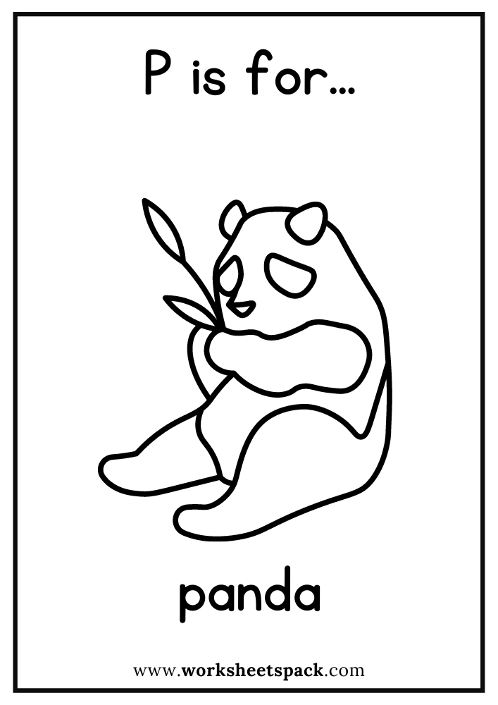 P is for Panda Coloring Page, Free Panda Flashcard for Kindergarten