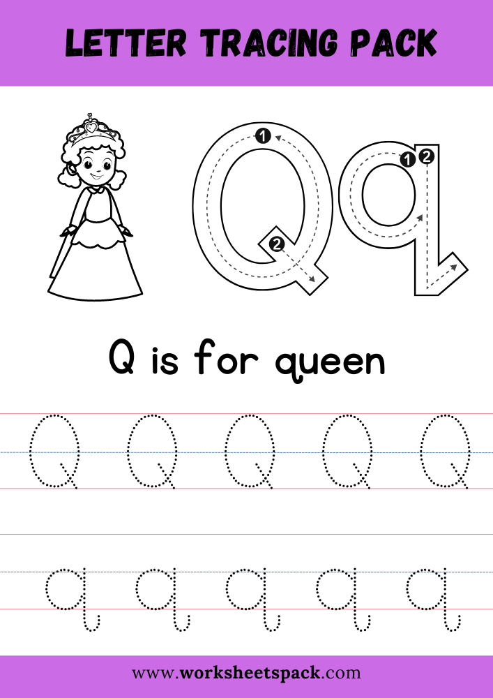 Q is for Queen Coloring, Free Letter Q Tracing Worksheet PDF