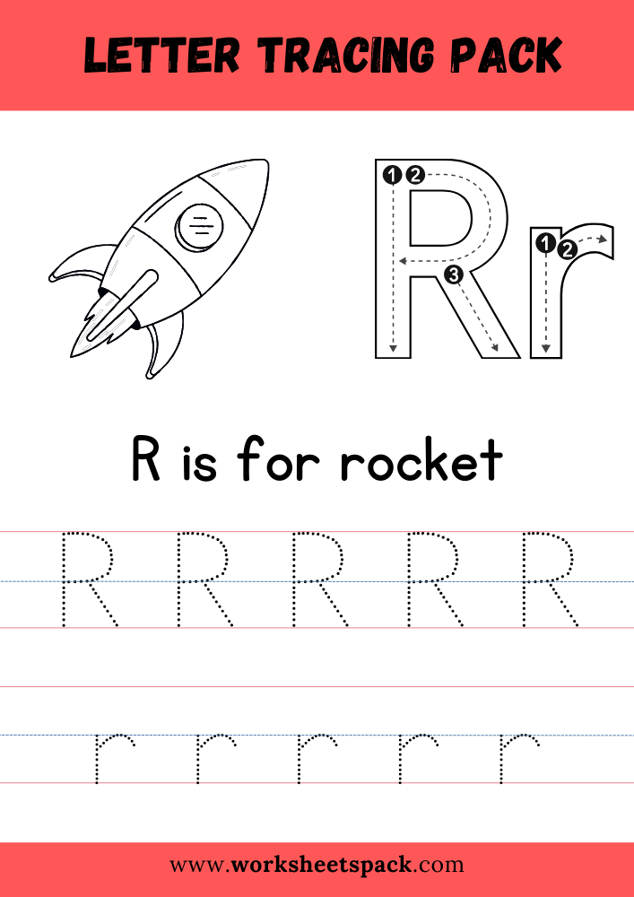 R is for Rocket Coloring, Free Letter R Tracing Worksheet PDF.