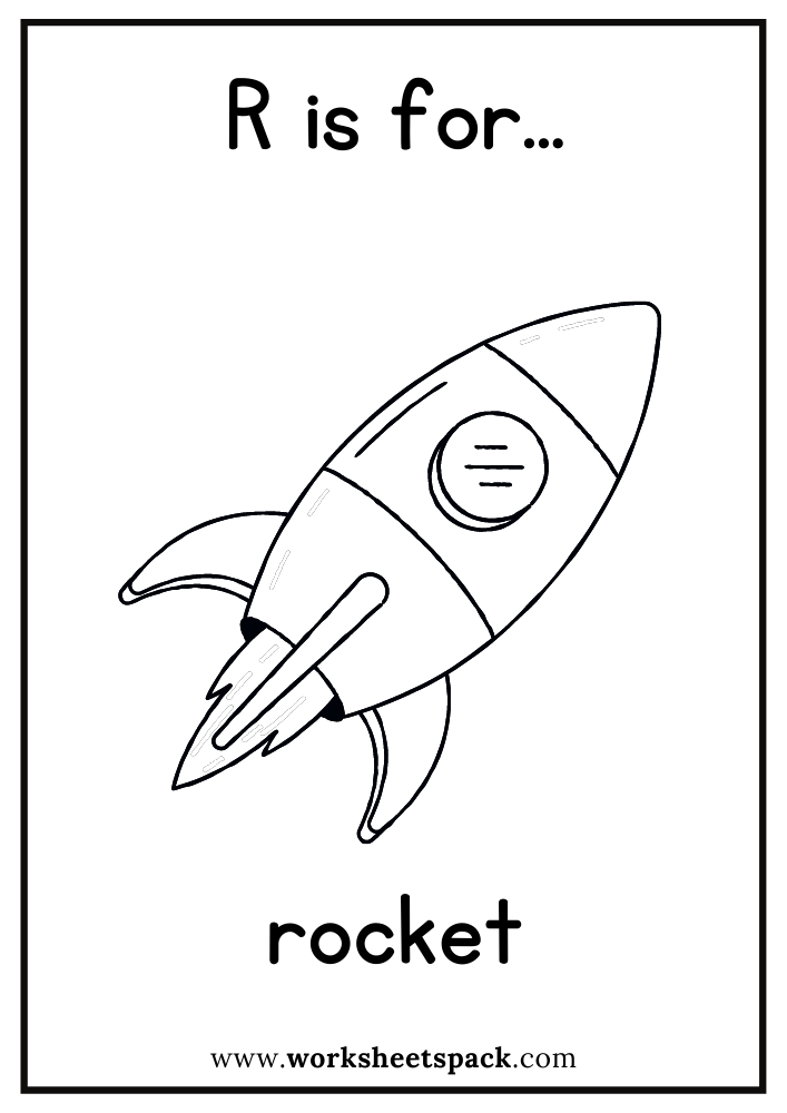 R is for Rocket Coloring Page, Free Rocket Flashcard for Kindergarten