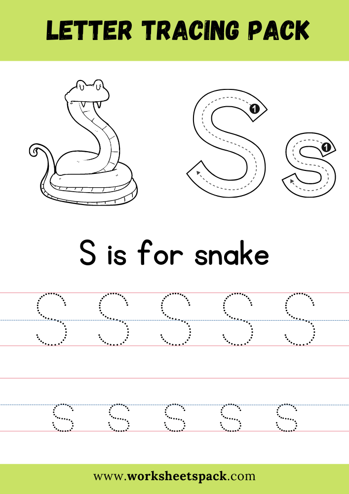 S is for Snake Coloring, Free Letter S Tracing Worksheet PDF