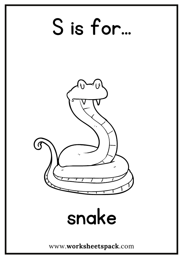 S is for Snake Coloring Page, Free Snake Flashcard for Kindergarten
