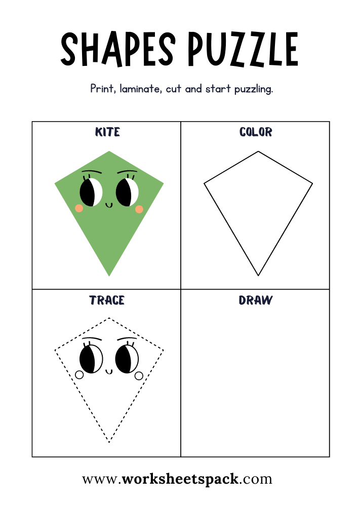 Shapes Puzzle Worksheets Free Printable, Kite Puzzle Game for Students