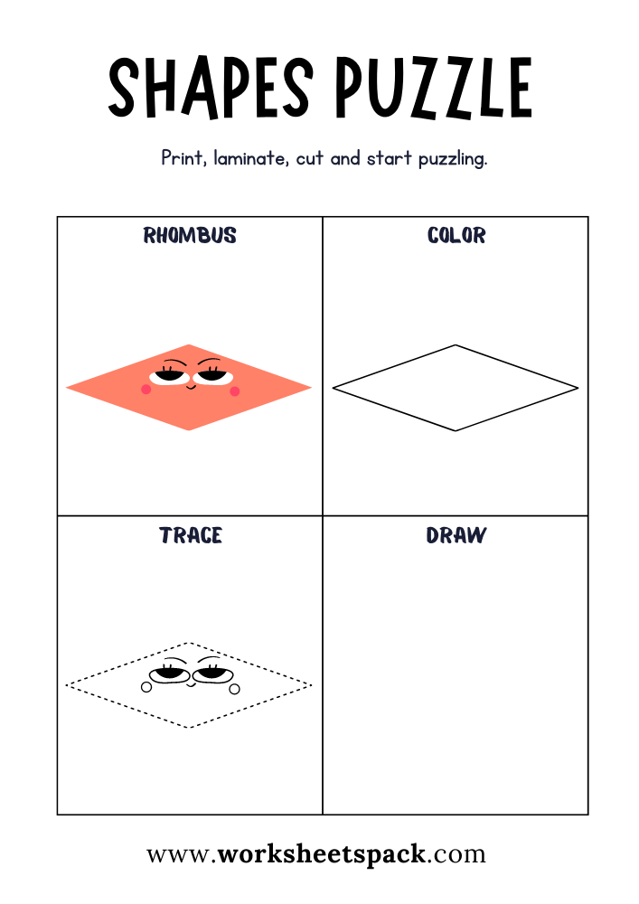 Shapes Puzzle Worksheets Free Printable, Rhombus Puzzle Game for Students