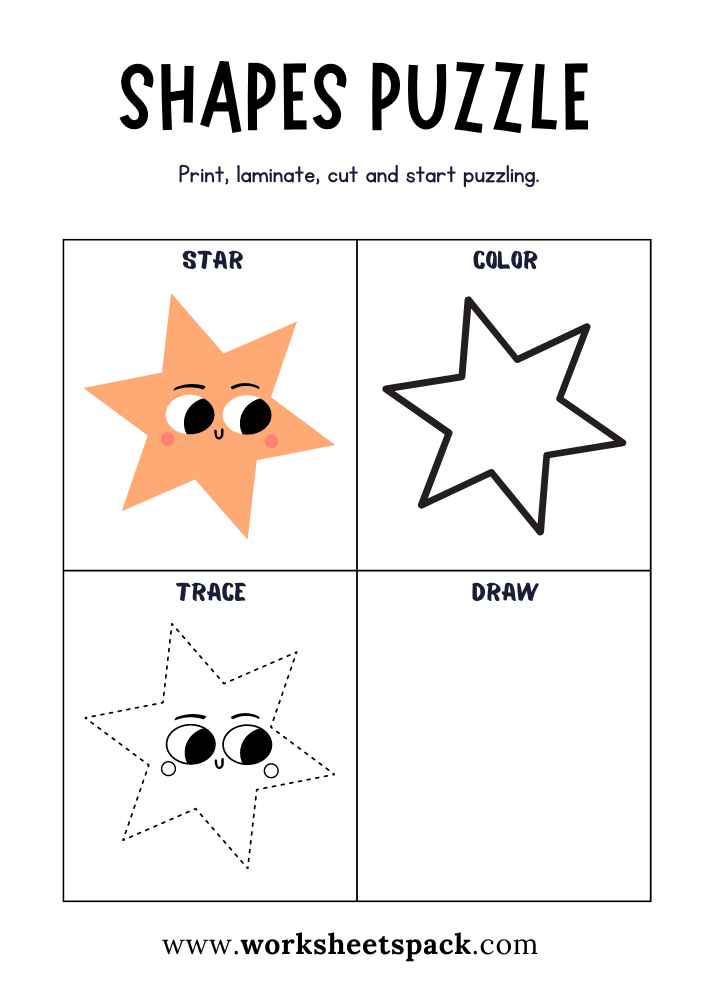Shapes Puzzle Worksheets Free Printable, Star Puzzle Game for Students