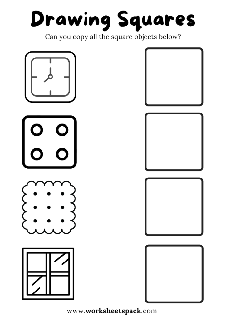Square Shapes Drawing Worksheets for Kids, Copy the Square Objects