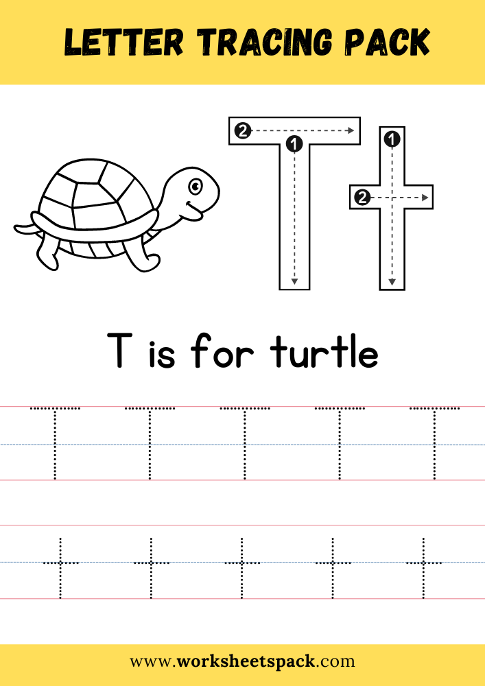 T is for Turtle Coloring, Free Letter T Tracing Worksheet PDF