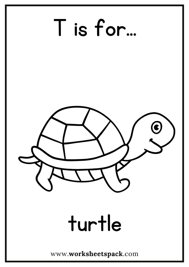 T is for Turtle Coloring Page, Free Turtle Flashcard for Kindergarten