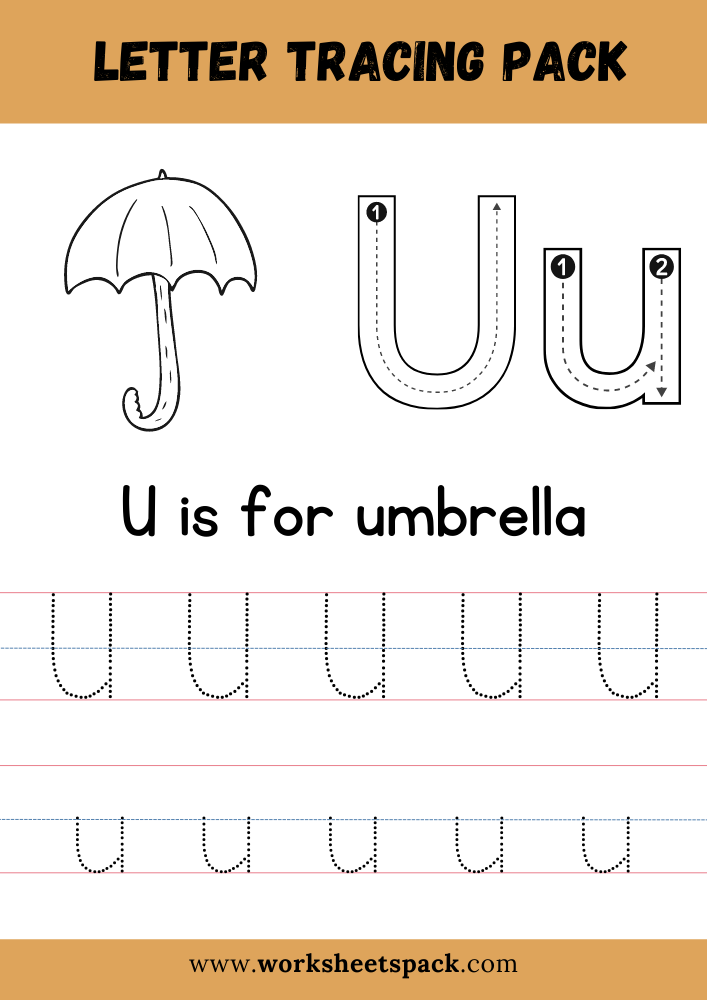 U is for Umbrella Coloring, Free Letter U Tracing Worksheet PDF