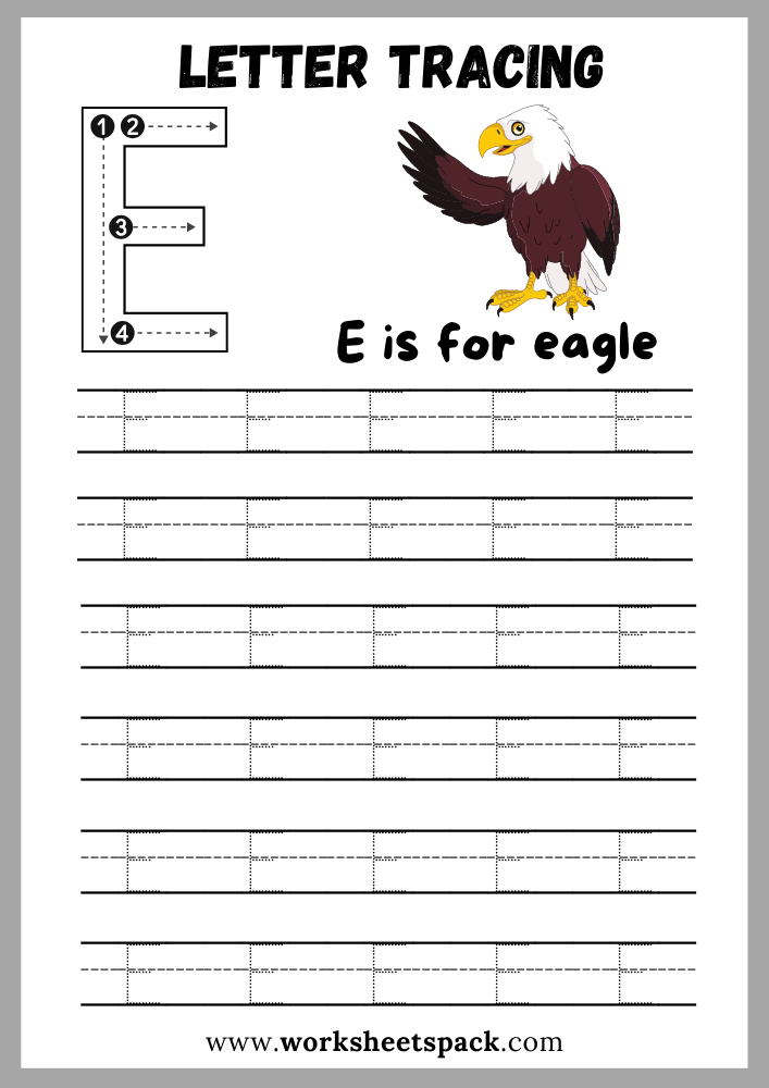 Uppercase Letter E Tracing Worksheet Printable, Letter E Writing Practice