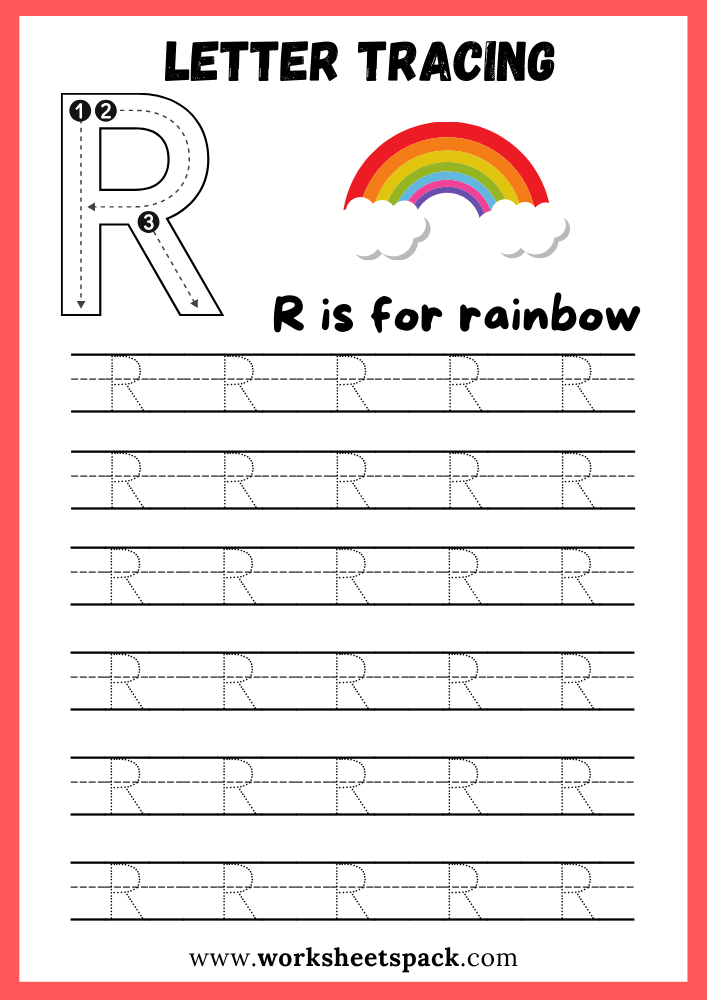Uppercase Letter R Tracing Worksheet Printable, Letter R Writing Practice.