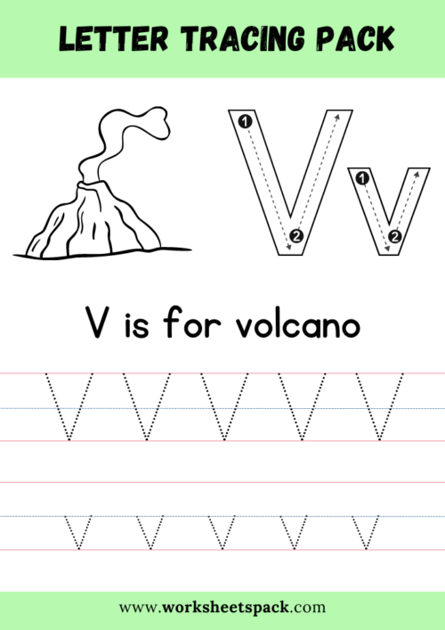 V is for volcano coloring and tracing sheets