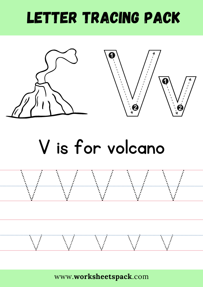 V is for Volcano Coloring, Free Letter V Tracing Worksheet PDF